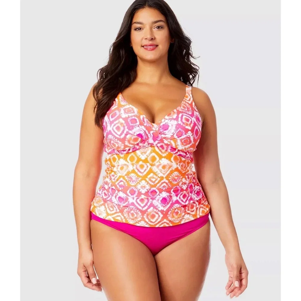 Anne Cole Womens Plus 16W Tankini Top Pink Orange Tie Dye Underwire Swim 22P